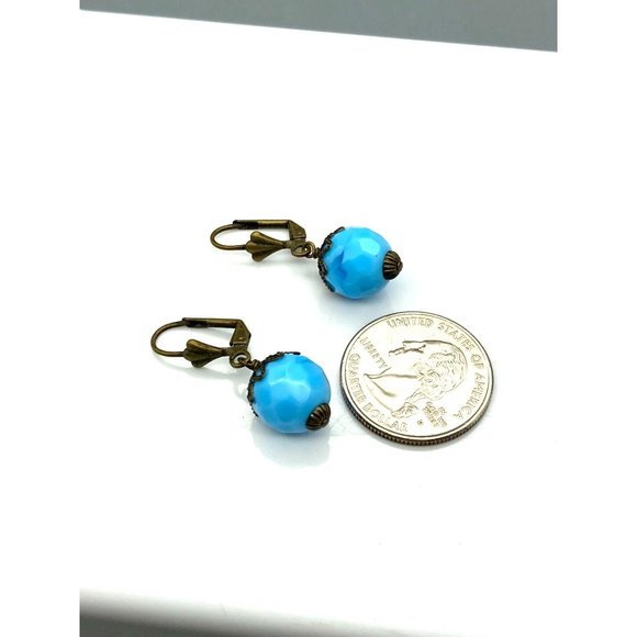 Bright Blue Bead Dangle Earrings, Vintage Bronzed Clip Ons with Art Glass - Picture 5 of 5